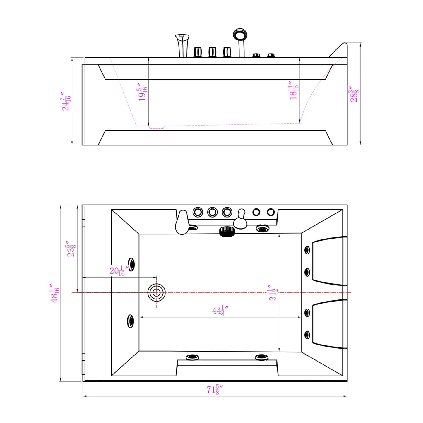 72" X 48" Acrylic Rectangle Whirlpool Bathtub - 10 Water Jets - Led Lights - Left Side Drain - 3-Side Alcove Install