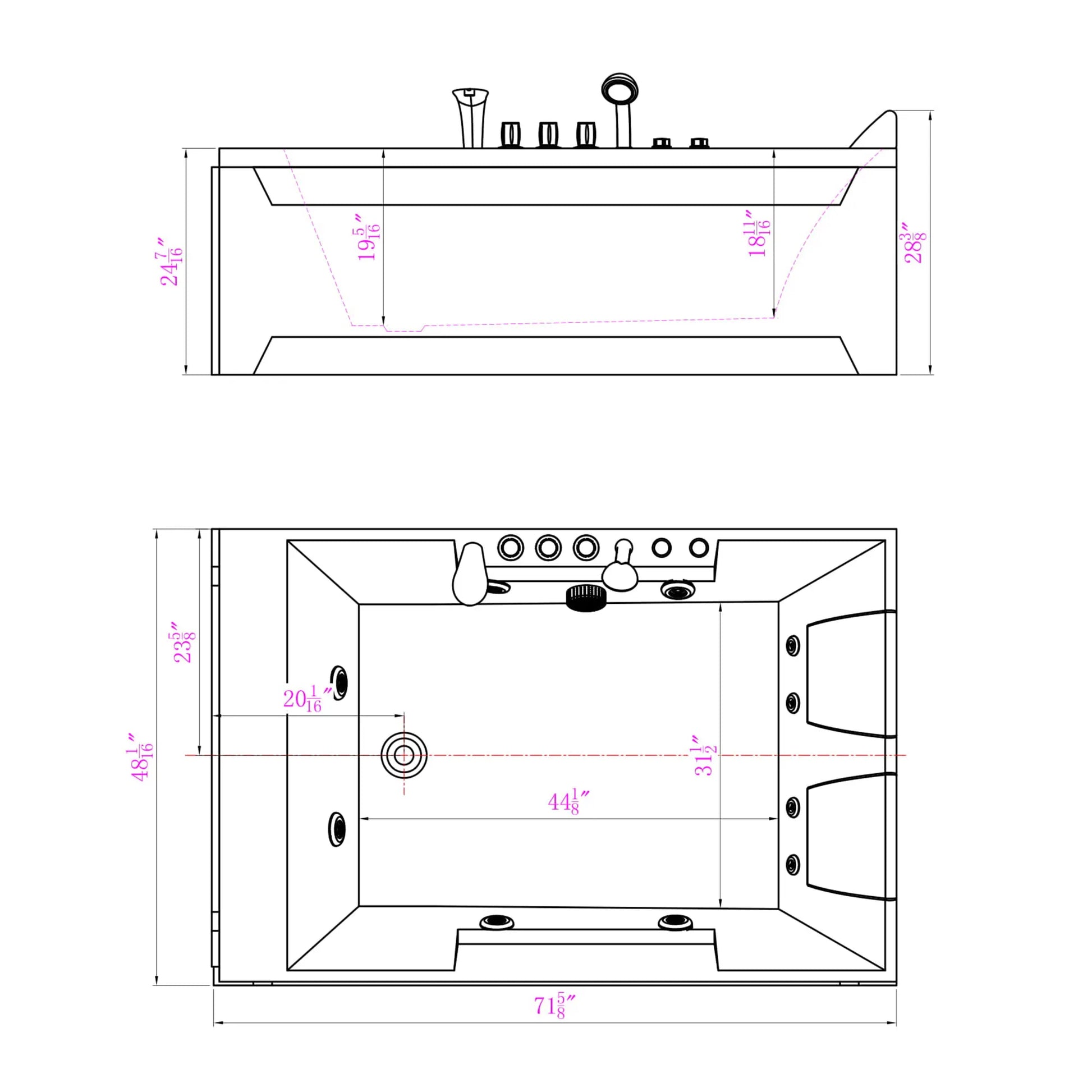 72" X 48" Acrylic Rectangle Whirlpool Bathtub - 10 Water Jets - Led Lights - Left Side Drain - 3-Side Alcove Install