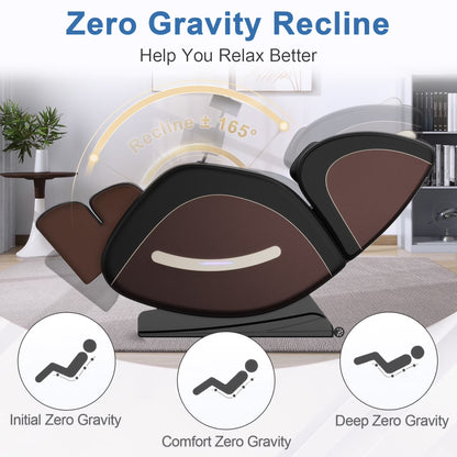 Full Body Massage Chair Recliner with Zero Gravity,  Leather Massage Chair with Air Pressure, 8 Massage Fix Rollers, Heating, Airbag, Bluetooth, Retractable Footrest for Relaxion, Brown+Black
